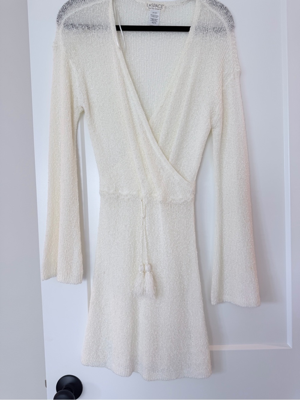 l*space Cream Wrap Knit swim coverup Dress with Tassel Tie
